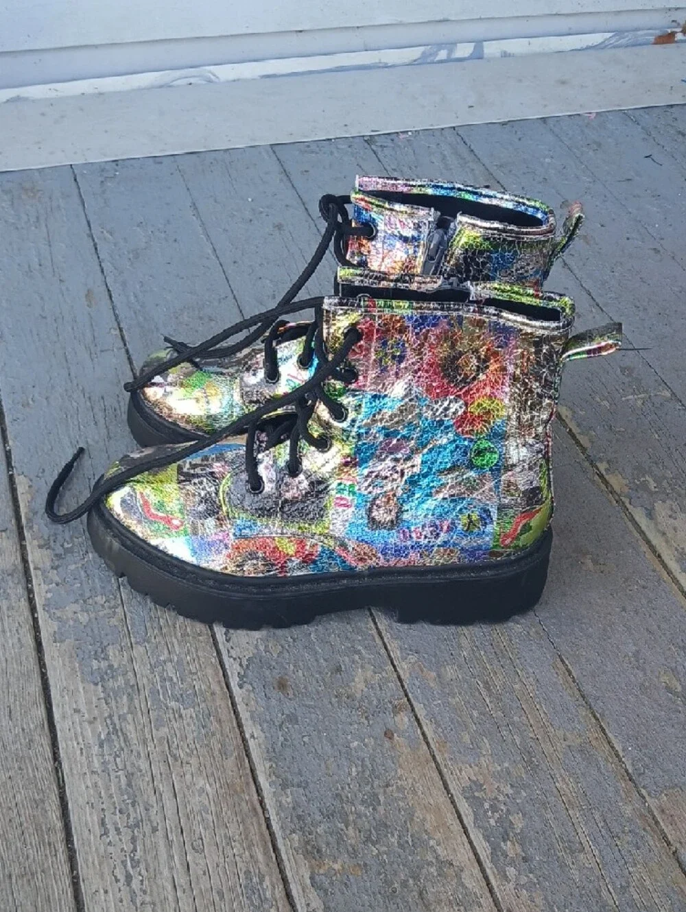 Colorful Metallic Graphic Lace-Up Combat Boots
